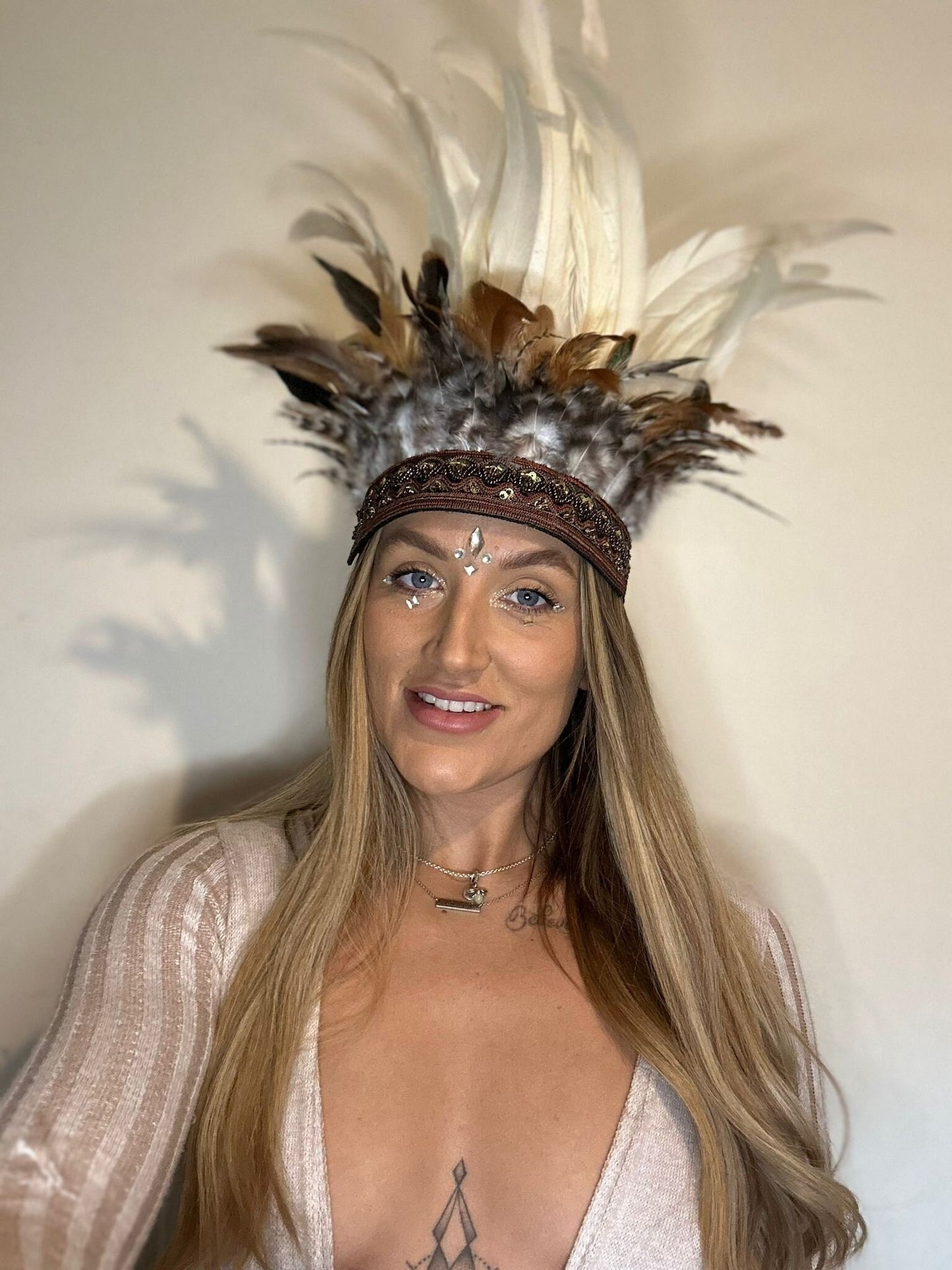 White & Brown Feather Crown Headdress, Halloween Accessory