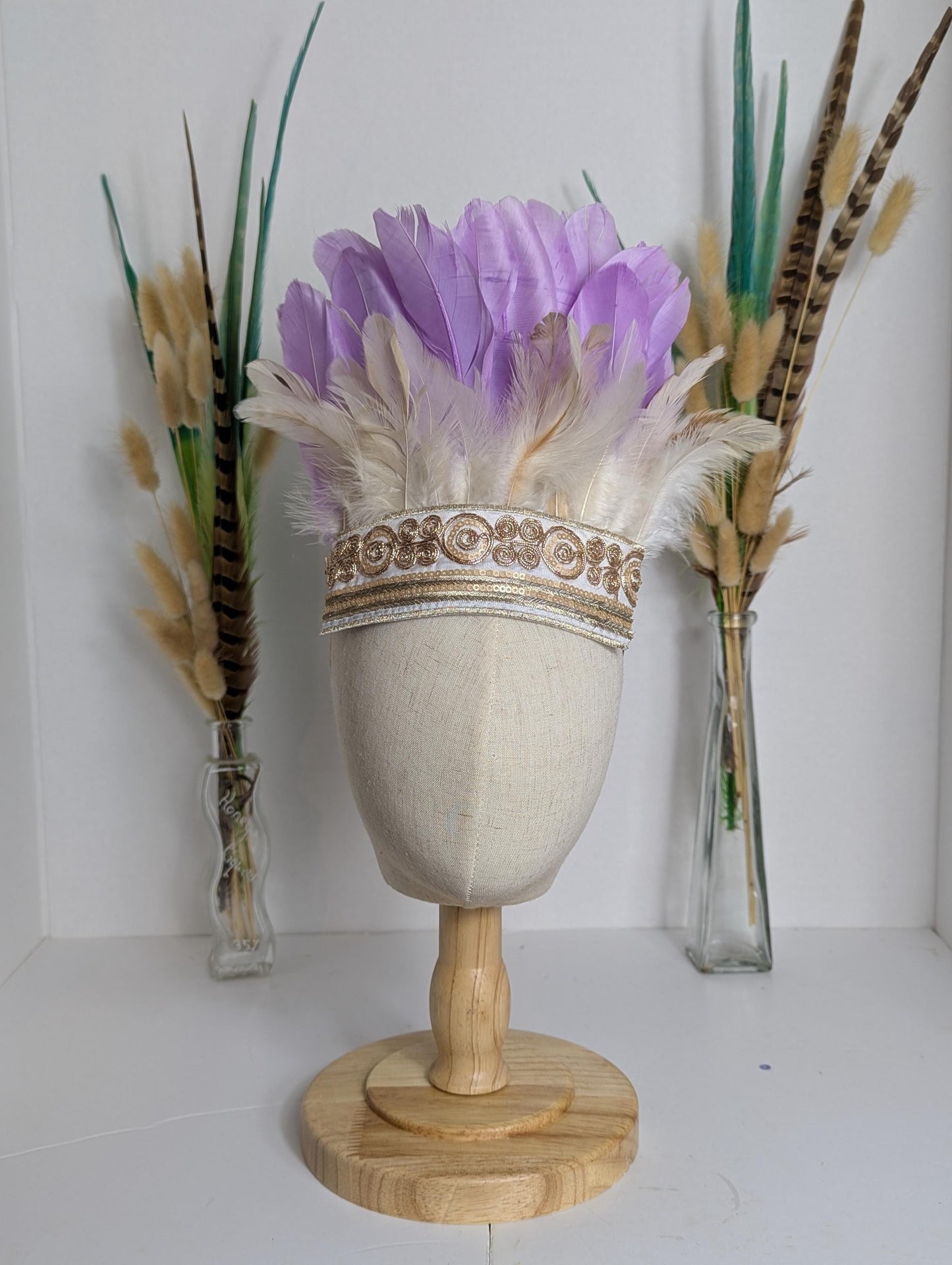Childs White & Purple Feather Headband Headpiece Headdress