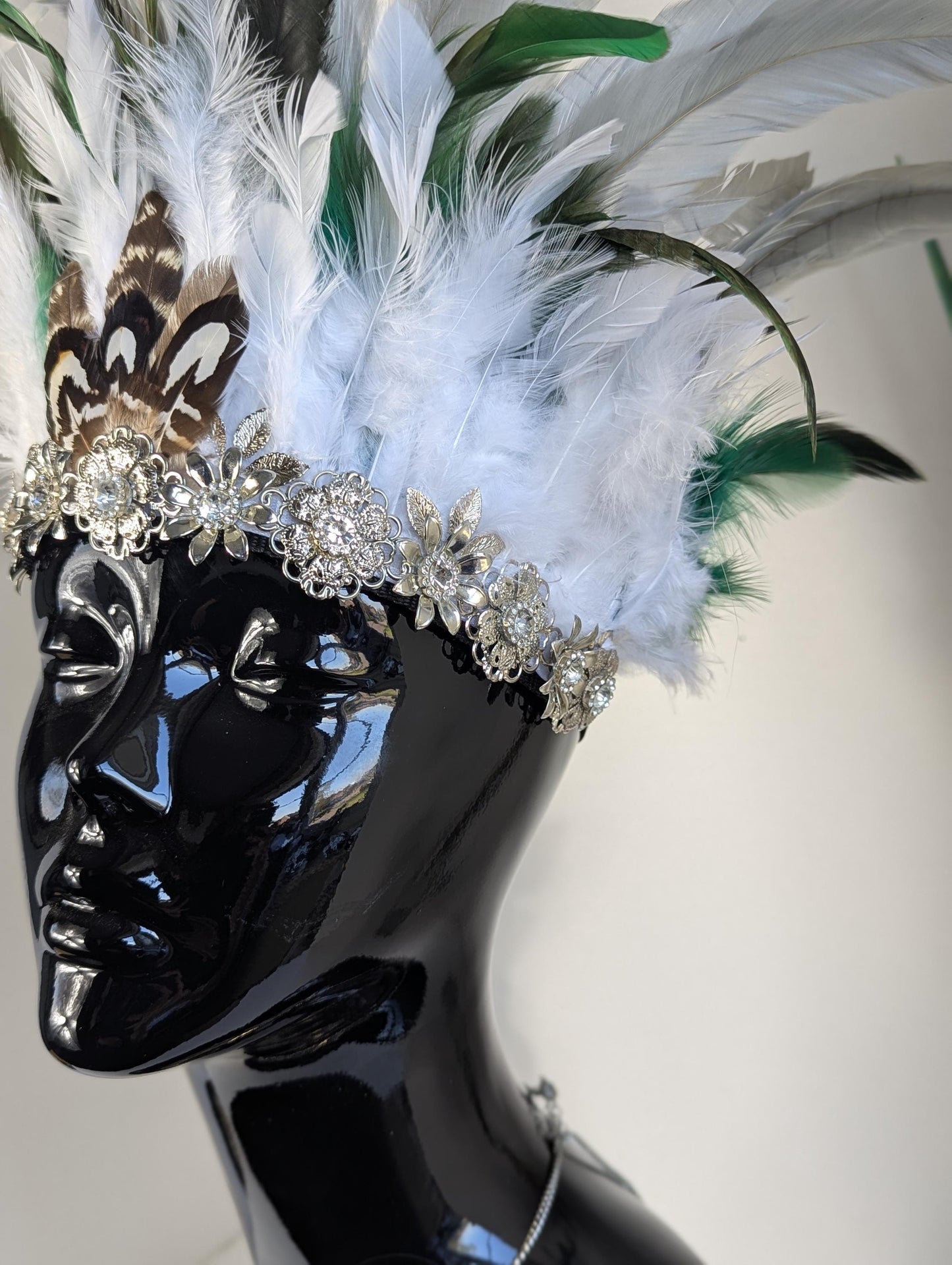 Green & White Feather Crown, Headdress, Headpiece, Headband, Halloween Accessory