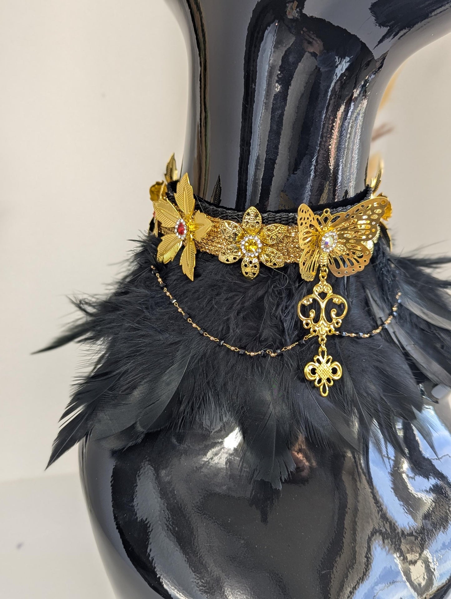 Black & Gold Feather Choker, Necklace, Neckpiece, Statement Piece