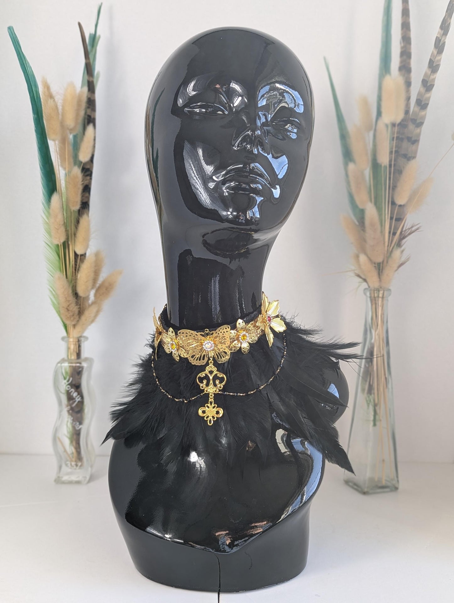 Black & Gold Feather Choker, Necklace, Neckpiece, Statement Piece