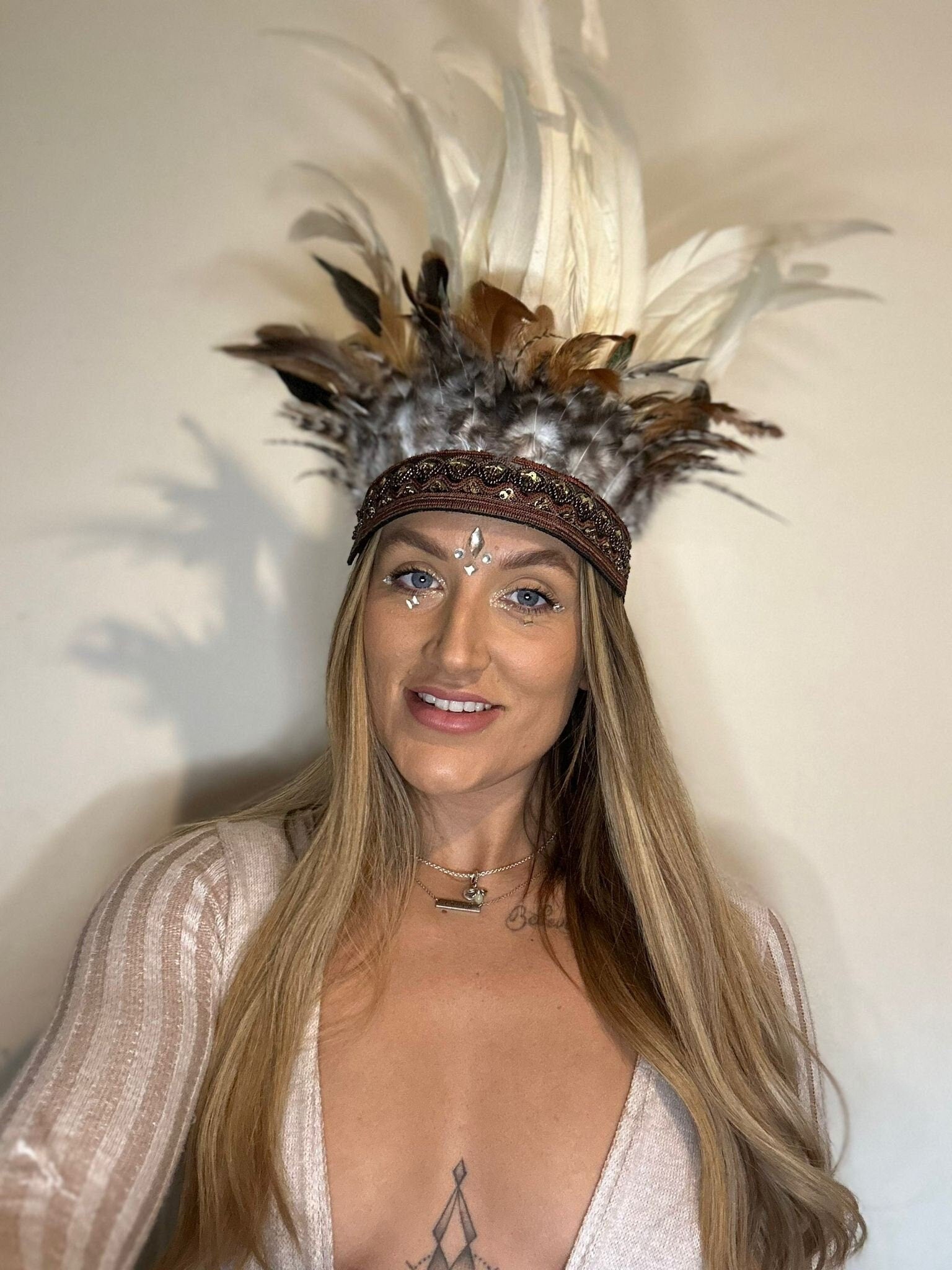 White & Brown Feather Crown Headdress, Halloween Accessory 