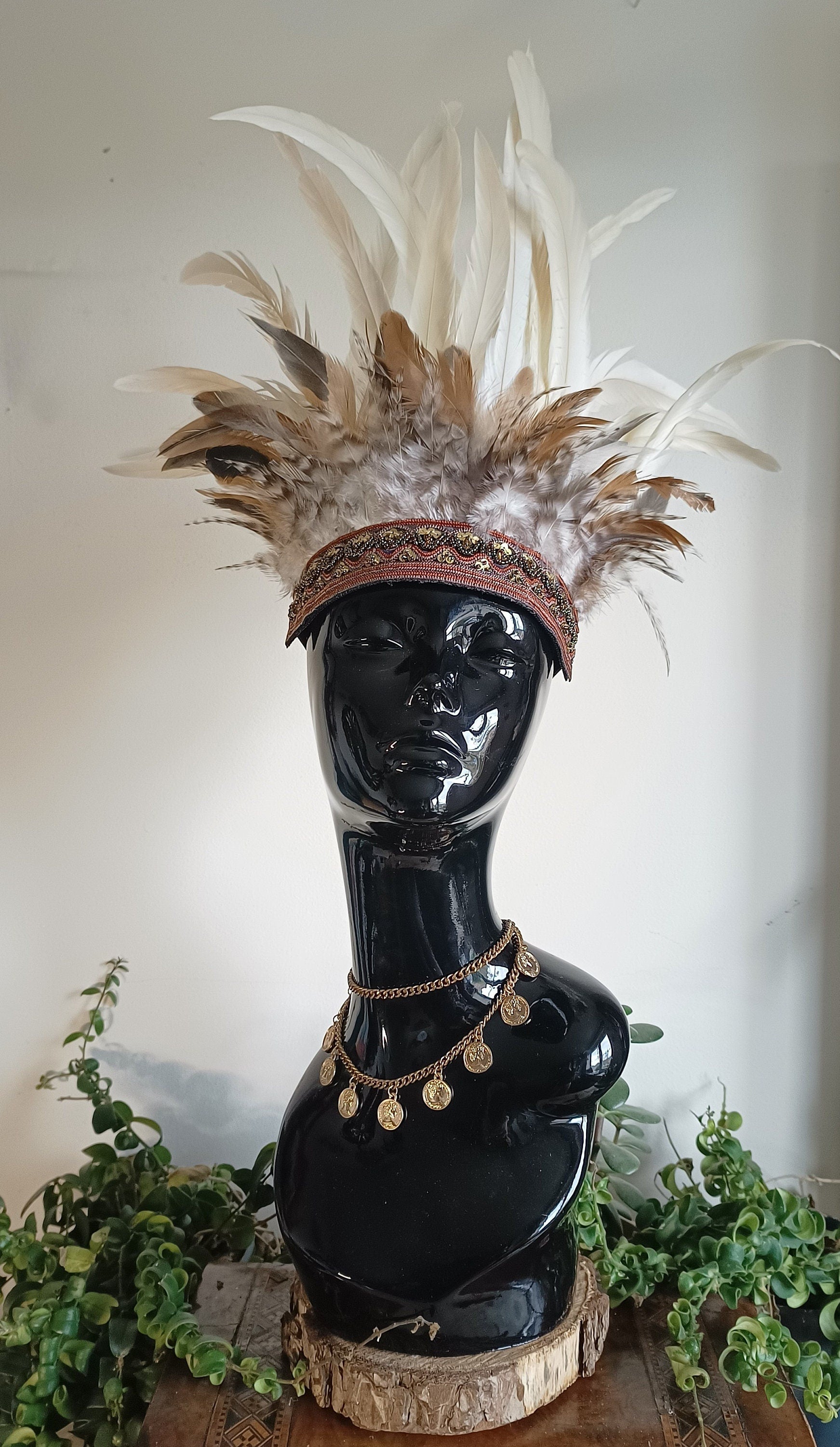 White & Brown Feather Crown Headdress, Halloween Accessory 