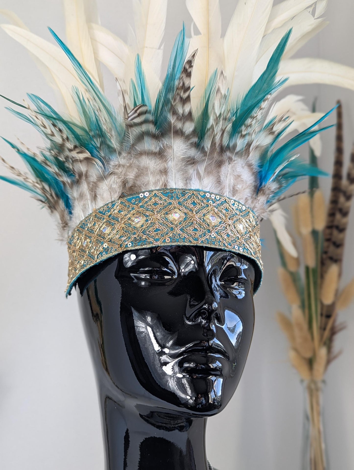 White & Blue Feather Crown, Headdress, Headpiece, Headband