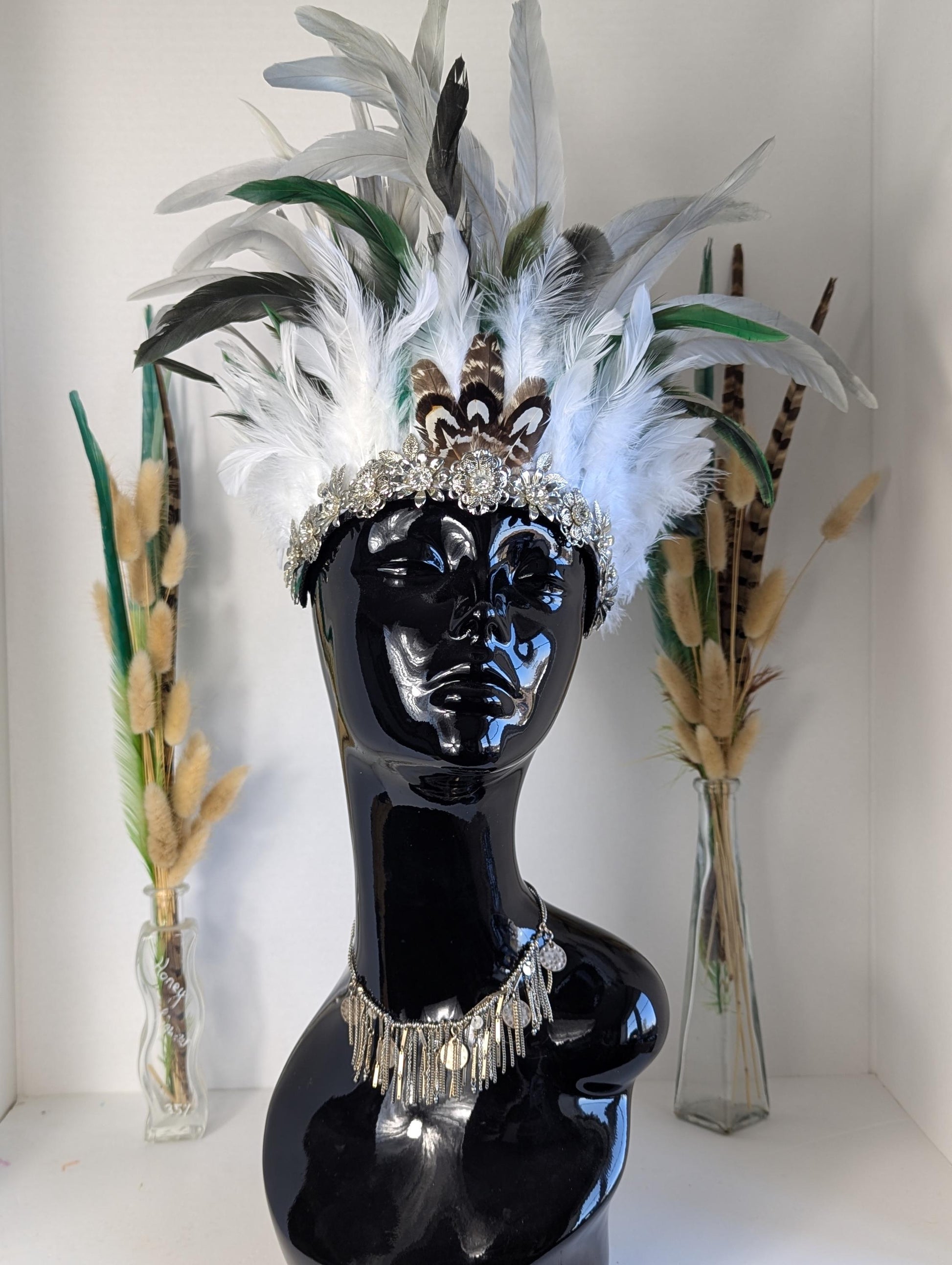 Green & White Feather Crown, Headdress, Headpiece, Headband, Halloween Accessory 