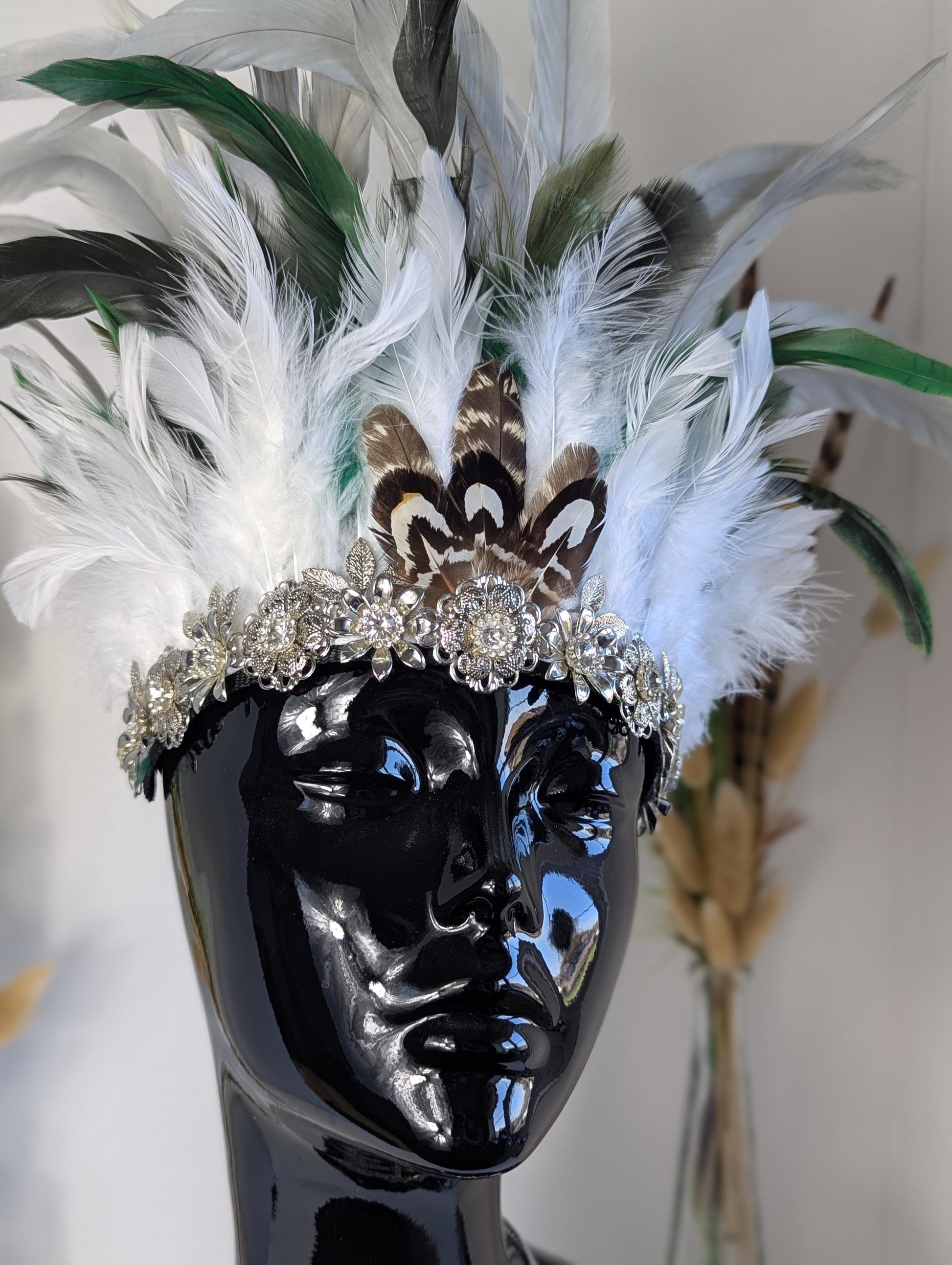 Green & White Feather Crown, Headdress, Headpiece, Headband, Halloween Accessory 