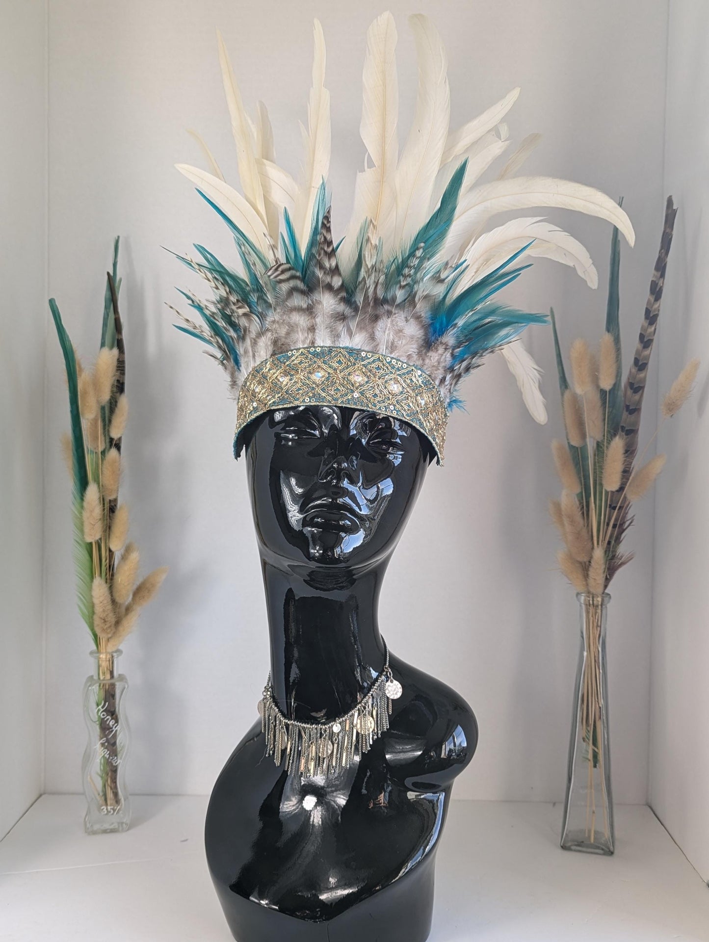 White & Blue Feather Crown, Headdress, Headpiece, Headband