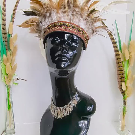 White & Brown Feather Crown Headdress, Halloween Accessory