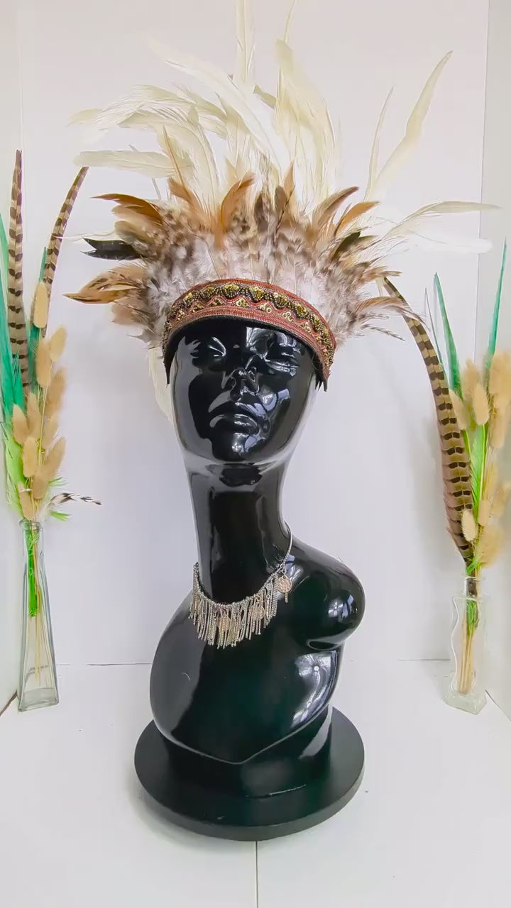 White & Brown Feather Crown Headdress, Halloween Accessory